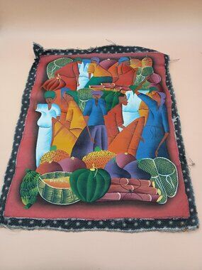 Haitian/Caribbean Folk Art Market Scene Paint on Fabric Wall Art Unframed READ